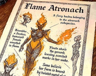 Flame Elemental TES Bestiary Scroll Print on Vintage Cotton Parchment