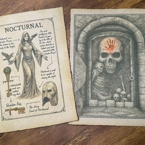 Nocturne et porte de la Confrérie noire sur parchemin de coton vintage | Art mural inspiré d&#39;Elder Scrolls - Cadeau pour joueur
