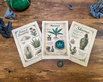 Elder Scrolls Art Prints: Nirnroot, Skooma, Invisibility Potion on Vintage Cotton Parchment