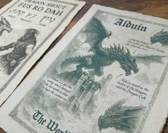 Conjunto de gravuras de dragões de Elder Scrolls – Presente vintage em pergaminho de algodão para gamers