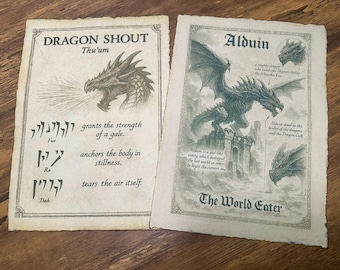 Impressão artística de Elder Scrolls – Grito de Dragão e Devorador de Mundos em pergaminho vintage