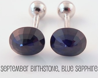 Blue Sapphire Gemstone Classic Silver Cufflinks - White Gold plated over 925 Sterling Silver - Personalized September Birthstone (410BS)