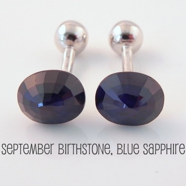 Blue Sapphire Gemstone Classic Silver Cufflinks - White Gold plated over 925 Sterling Silver - Personalized September Birthstone (410BS)