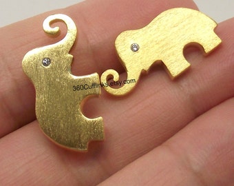 Elephant Cufflinks with Diamond Eyes - Yellow Gold Plated over Sterling Silver - Men's Cufflinks - Gold Elephant Cufflinks - Solid Silver