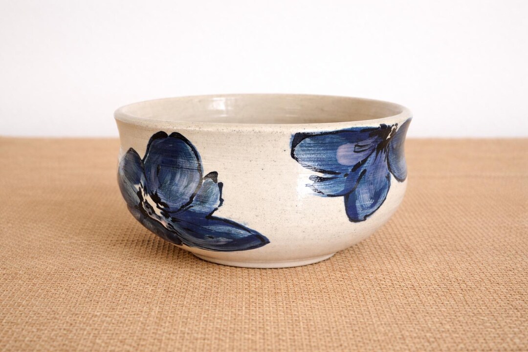 Hand-painted Blue Floral Stoneware Bowl – Wheel Thrown Pottery - Etsy