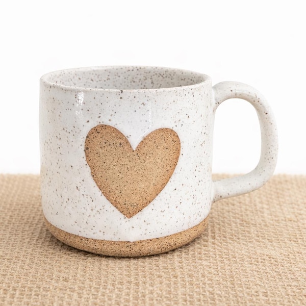 Handmade Speckled Stoneware Mug – White Ceramic Coffee Cup with Clay Heart