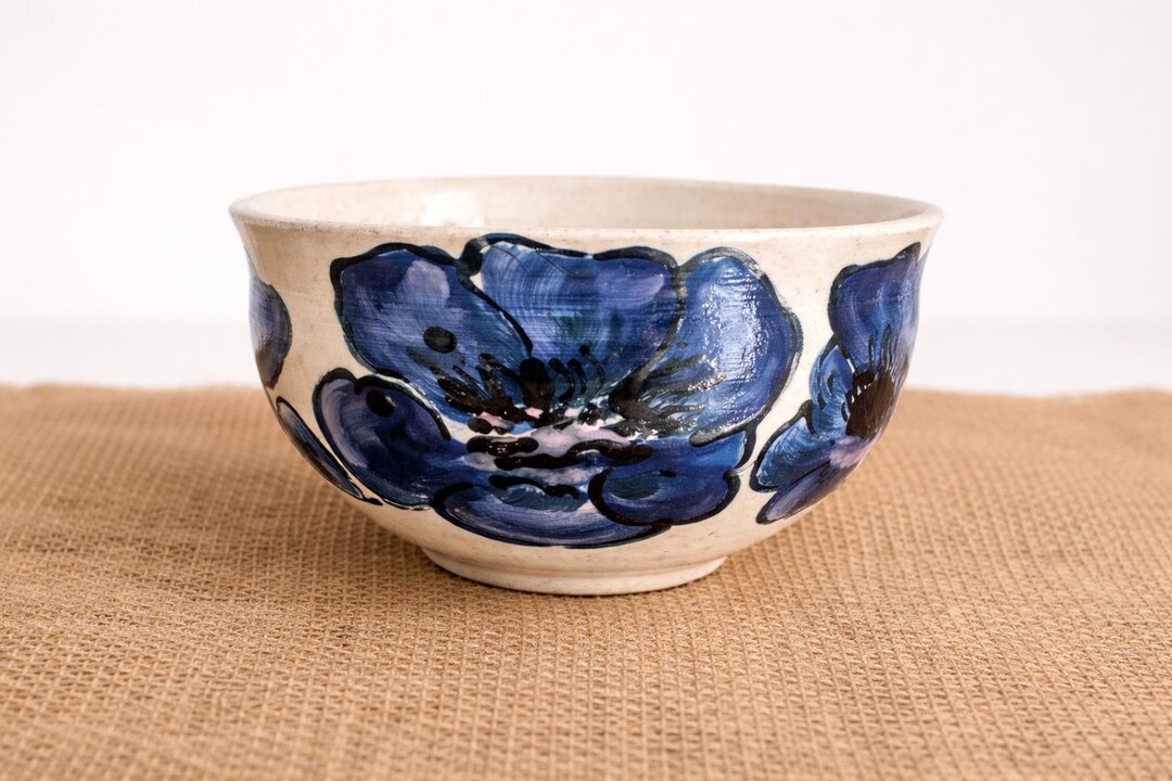 Hand Painted Blue Floral Stoneware Bowl – Wheel Thrown Pottery - Etsy
