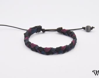 Australian Kanagroo Leather Braided Bracelet Purple, Blue, and Black Colourway with Buffalo Horn Tie Offs Adjustable Rugged Design WOV