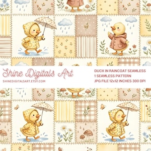 Duckling Patchwork Seamless Pattern, Baby Duck Quilt Blocks, Cottagecore Nursery Fabric, Instant Download