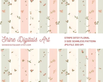 Pastel Stripe Floral Seamless Pattern, Spring Fabric Design (Digital Download)