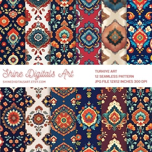 Puede incluir: Una colección de 12 patrones sin costuras con temática de arte turco. Los diseños presentan intrincados motivos florales y geométricos en tonos azules, naranjas, rojos y crema. La imagen incluye el texto "Shine Digitals Art" y "TURKIYE ART". Cada patrón mide 30,48 cm x 30,48 cm.