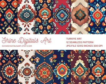 May include: A collection of 12 seamless patterns with a Turkish art theme. The patterns feature intricate floral and geometric designs in shades of blue, orange, red, and cream. The image includes the text "Shine Digitals Art" and "TURKIYE ART". Each pattern is 12x12 inches.