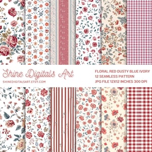 Floral Seamless Pattern: Red, Dusty Blue and Ivory Ditsy Flowers, Digital Paper, INSTANT DOWNLOAD
