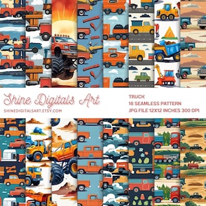 Puede incluir: Una colección de 16 patrones de camiones sin costuras en varios diseños. Los patrones presentan ilustraciones de camiones, vehículos de construcción y herramientas en una variedad de colores. El texto "Shine Digitals Art" y "Truck 16 Seamless Pattern" también son visibles.