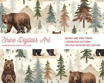 Bears and Pine Trees Seamless Pattern, Rustic Mountain Woodland Digital Paper, Digital File Download