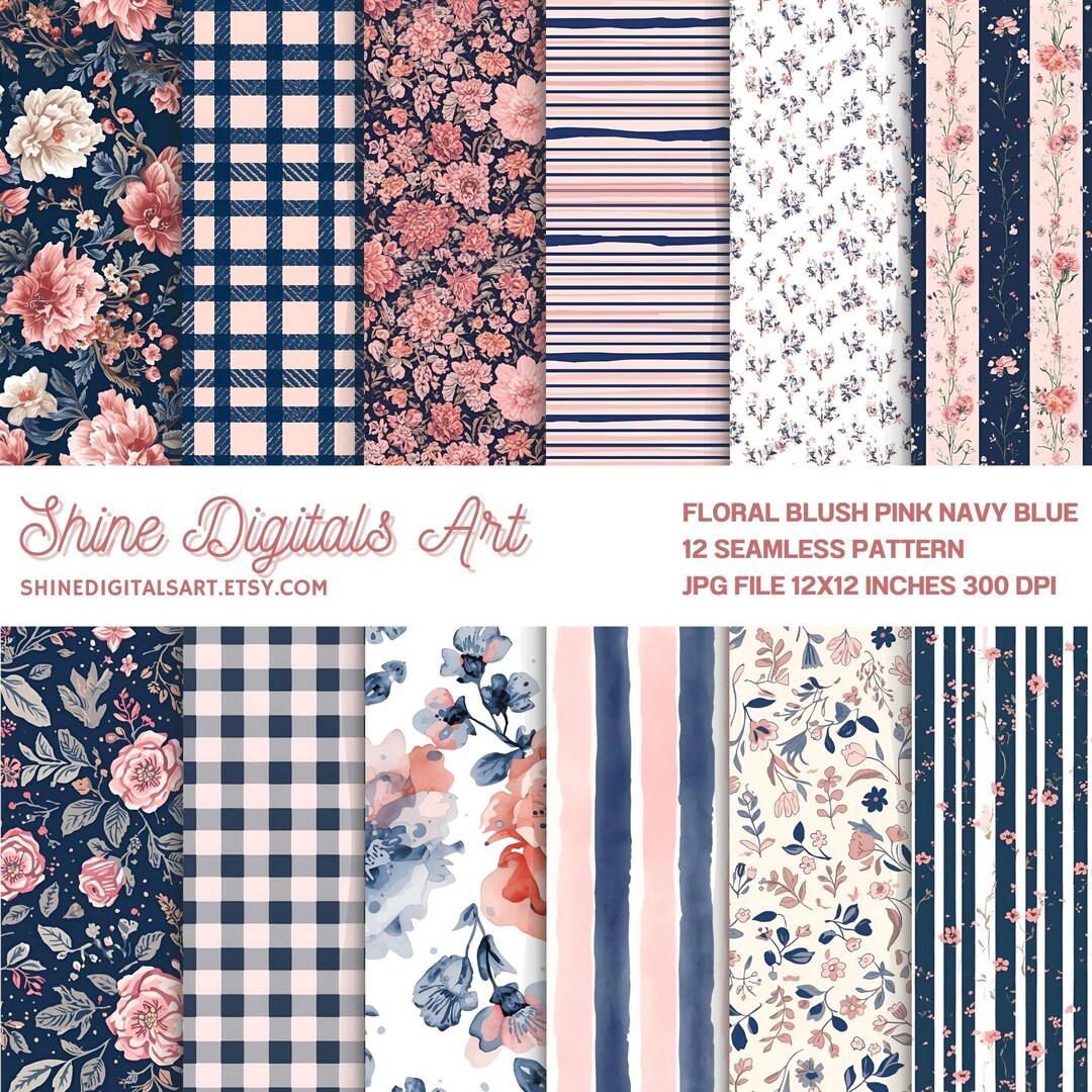 Floral Seamless Pattern: Blush Pink and Navy Blue Ditsy Flowers ...