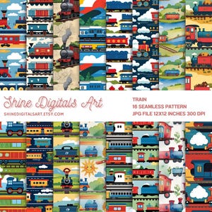 May include: A collection of 16 seamless patterns featuring colorful train designs. The patterns include various train cars, locomotives, and scenic backgrounds. The image includes the text "Shine Digitals Art" and "Train 16 Seamless Pattern".