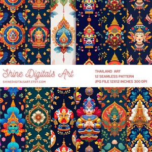 Może przedstawiać: Zestaw 12 bezszwowych wzorów z motywami sztuki tajskiej. Wzory przedstawiają kolorowe ilustracje tradycyjnych tajskich postaci i ornamentów na ciemnoniebieskim tle. Obraz zawiera tekst "Shine Digitals Art" i "Thailand Art".