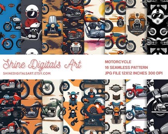 May include: A selection of 16 seamless motorcycle patterns. The designs showcase illustrations of motorcycles, helmets, and related imagery in various colours. The image includes the text "MOTORCYCLE 16 SEAMLESS PATTERN JPG FILE 12X12 INCHES 300 DPI".