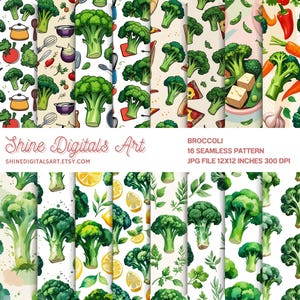 Watercolor Broccoli Pattern: Seamless Green Veggie Digital Paper (12x12 inches, JPEG, 300 DPI)