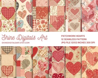 Wzór patchworkowych pikowanych serc, bezszwowy, przytulny wzór Cottagecore, faktura tkaniny w kratkę gingham i kwiaty