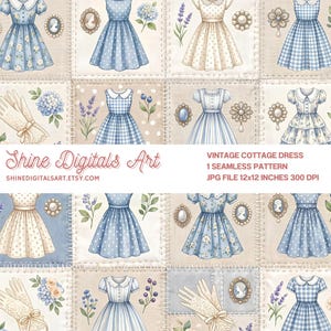 May include: A seamless pattern featuring illustrations of various dresses, lace gloves, floral sprigs, and cameo brooches on a grid background. Text reads Shine Digitals Art, VINTAGE COTTAGE DRESS, 1 SEAMLESS PATTERN, JPG FILE 12x12 INCHES 300 DPI.