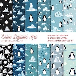 May include: A collection of 12 seamless patterns featuring penguins and icebergs in various shades of blue and black. The patterns include illustrations of penguins and icebergs. The text "Shine Digitals Art" and product details are also visible.
