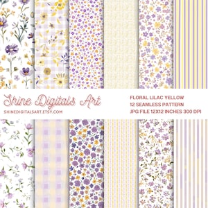 Op de afbeelding: Twaalf naadloze patronen in bloemig lila en geel. De ontwerpen omvatten bloemen-, ruit- en streepmotieven. De afbeelding bevat de tekst "Shine Digitals Art" en "Floral Lilac Yellow 12 Seamless Pattern JPG-bestand 30.48x30.48 cm 300 DPI."