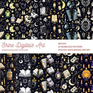 Puede incluir: Un patrón sin costuras con temática de brujas, con ilustraciones de libros, velas, lunas, estrellas, botellas de pociones y gatos negros sobre un fondo azul oscuro. También se ve el texto "Shine Digitals Art" y "Witchy 12 Seamless Pattern".