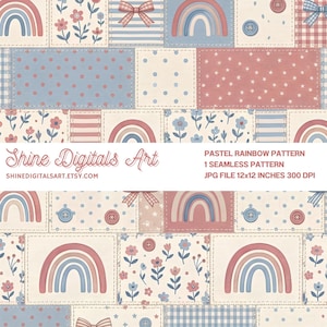 Könnte beinhalten: Ein nahtloses digitales Muster mit einem Patchwork-Design aus pastellfarbenen Regenbögen, Blumen, Punkten, Sternen, Vichy-Karos und Knöpfen. Text: Shine Digitals Art, PASTEL RAINBOW PATTERN, 1 SEAMLESS PATTERN, JPG FILE 30,48x30,48 CM 300 DPI, SHINEDIGITALSART.ETSY.COM.