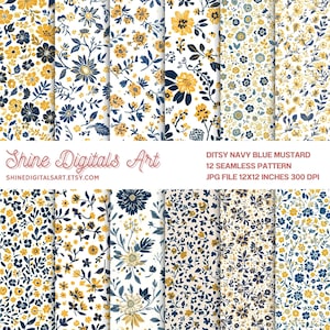 Puede incluir: Doce patrones florales sin costuras en azul marino y amarillo mostaza, con diseños de pequeñas flores y hojas sobre un fondo blanco. Los patrones se muestran juntos. El texto dice "Ditsy Navy Blue Mustard 12 Seamless Pattern".