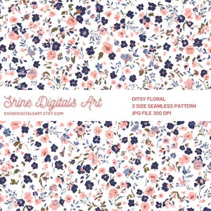 Estampa floral miúda em tons de azul marinho e rosa blush, com pequenas flores, ideal para tecido, scrapbooking e artigos de papelaria.