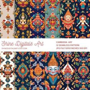 Cambodia Art Seamless Pattern  Angkor Wat, Apsara Dancers & Khmer Cultural Motifs