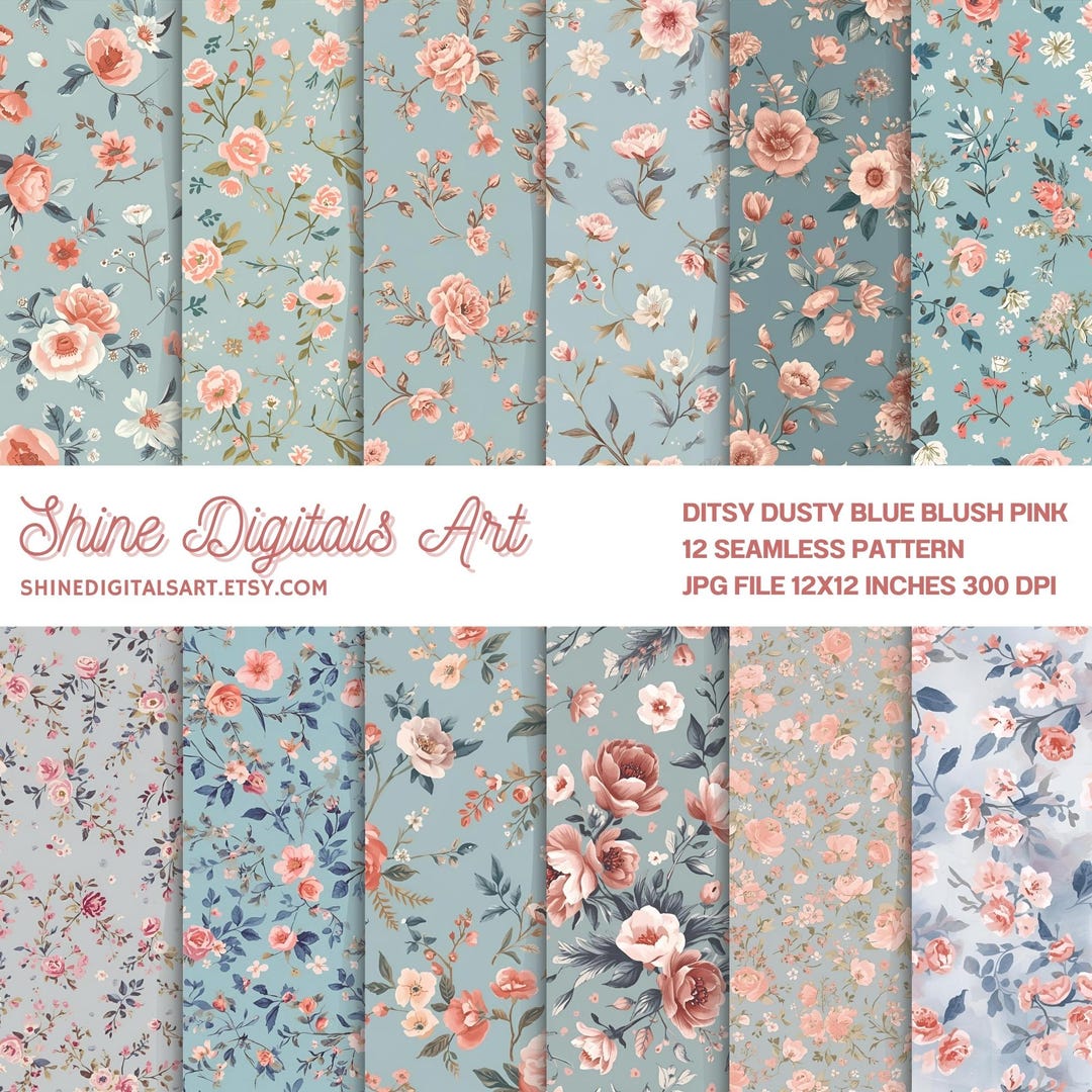 Ditsy Floral Dusty Blue Blush Pink Seamless Pattern, Digital Pack Paper ...