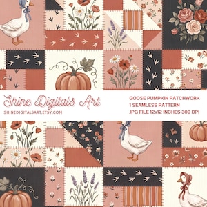 May include: A seamless digital pattern featuring a patchwork design with illustrations of white geese wearing bonnets, orange pumpkins, wildflowers, and bird tracks in shades of terracotta, cream, and black. Text reads Shine Digitals Art.