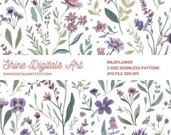 Könnte beinhalten: Ein nahtloses Muster mit Aquarell-Wildblumen in Lila-, Lavendel- und Grüntönen auf weißem Hintergrund. Das Design umfasst verschiedene florale Elemente und Blätter. Der Text auf dem Bild lautet "Shine Digitals Art" und "Wildflower 3 Size Seamless Pattern".