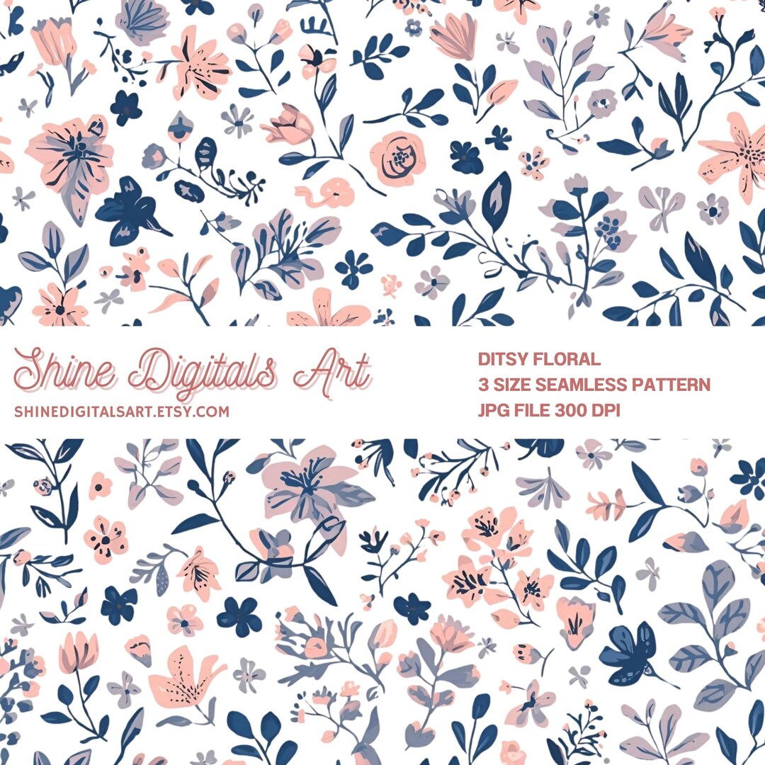 Ditsy Floral Navy Blush Pink Seamless Pattern, Small Flower Digital ...