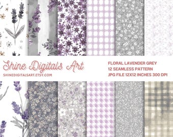 Patrón floral sin costuras: elegantes flores diminutas en gris y morado, papel digital, descarga instantánea