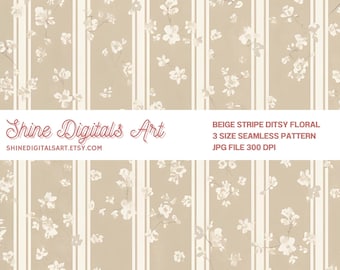 Beige Stripe with White Ditsy Blooms Seamless Pattern, Neutral Floral Stripe Design