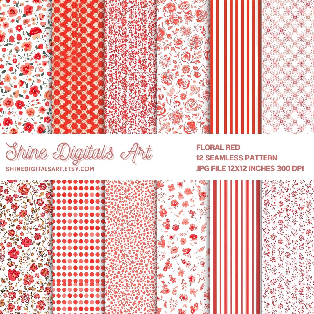 Floral Seamless Pattern: Bold Red Watercolor Flowers (digital Download ...