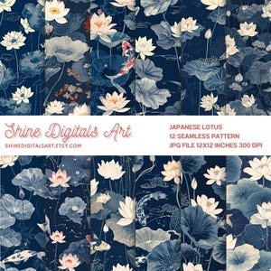 Könnte beinhalten: Ein nahtloses Musterdesign mit japanischen Lotusblumen und Kois in Blau-, Weiß- und Rosatönen. Das Design enthält den Text "Shine Digitals Art" und "Japanese Lotus 12 Seamless Pattern". Das Muster ist 30,48 x 30,48 cm groß.