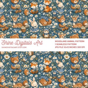 May include: A seamless digital pattern featuring woodland animals including bears, foxes, rabbits, deer, hedgehogs, and owls amidst white daisies on a dark blue background. Text includes Shine Digitals Art, Woodland Animal Pattern, 1 Seamless Pattern, JPG File 12x12 Inches 300 DPI.