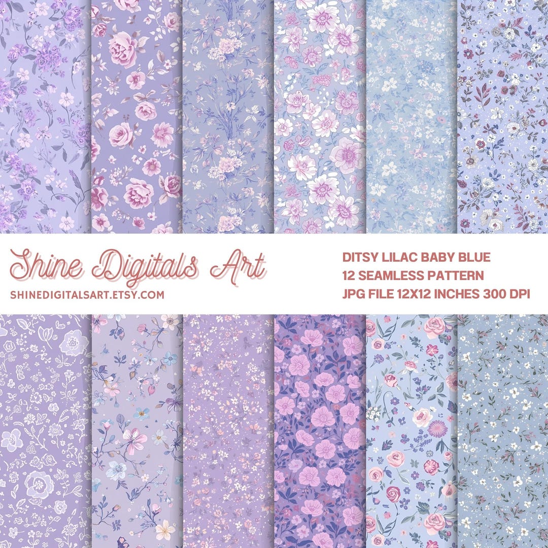 Ditsy Floral Lilac Baby Blue Seamless Pattern, Digital Pack Paper ...