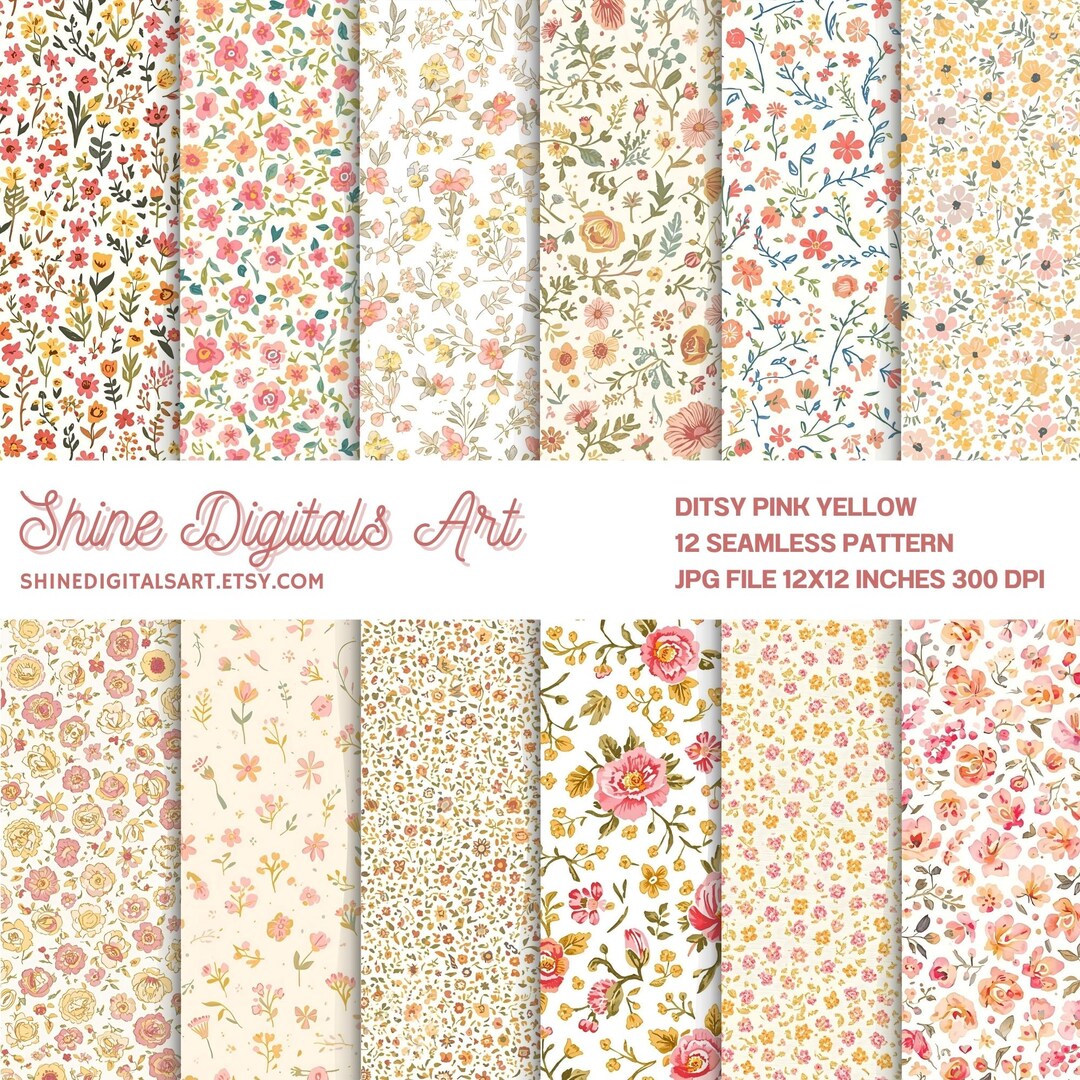 Ditsy Floral Pink Yellow Seamless Pattern, Digital Pack Paper, Instant ...