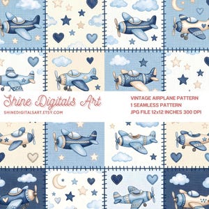 Puede incluir: Un patrón digital sin costuras con aviones, nubes, estrellas, corazones y lunas en tonos azul y crema. Texto: Shine Digitals Art, VINTAGE AIRPLANE PATTERN, 1 SEAMLESS PATTERN, JPG FILE 12x12 INCHES 300 DPI, SHINEDIGITALSART.ETSY.COM.