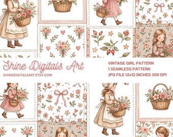 Wzór z dziewczynką w kwiaty w stylu vintage, papier cyfrowy Cottagecore, tkanina na różowy kosz na kwiaty