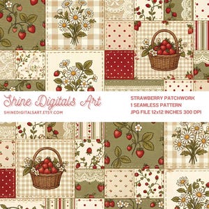 Sömlöst mönster med vintage jordgubbsmönster, Cottagecore Gingham Daisy-tyg, Farmhouse Berry, Retro jordgubb