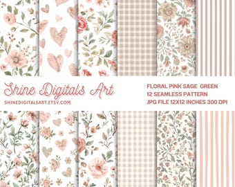 Floral Seamless Pattern: Blush Pink and Sage Green Ditsy Flowers, Digital Paper, INSTANT DOWNLOAD