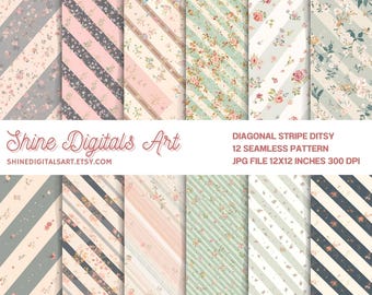 Diagonal Stripe with Tiny Ditsy Flowers, Pastel Seamless Pattern, Modern Romantic Spring