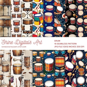 Patrón de tambor sin costuras, diseño digital de música y percusión, impresión repetida de instrumentos musicales, descarga instantánea